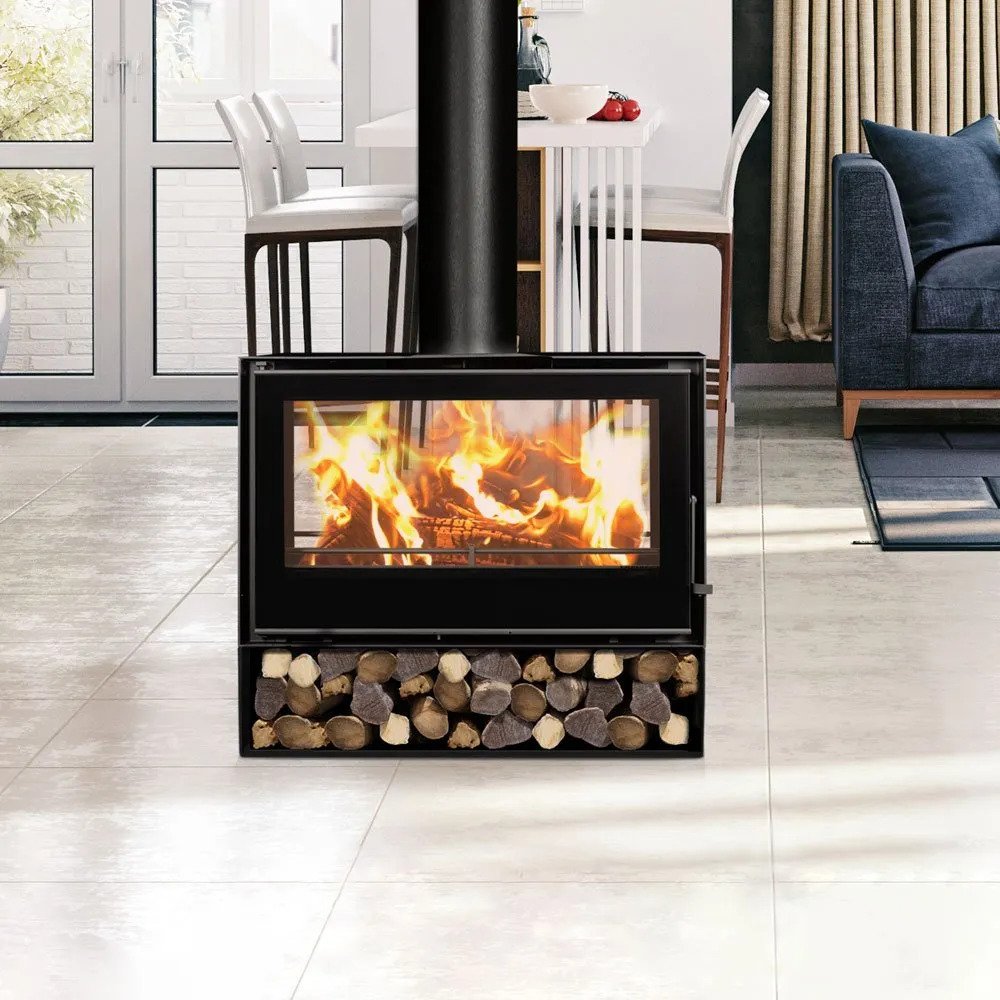 Cristal 98 Freestanding Double Sided Fireplace with Log Box